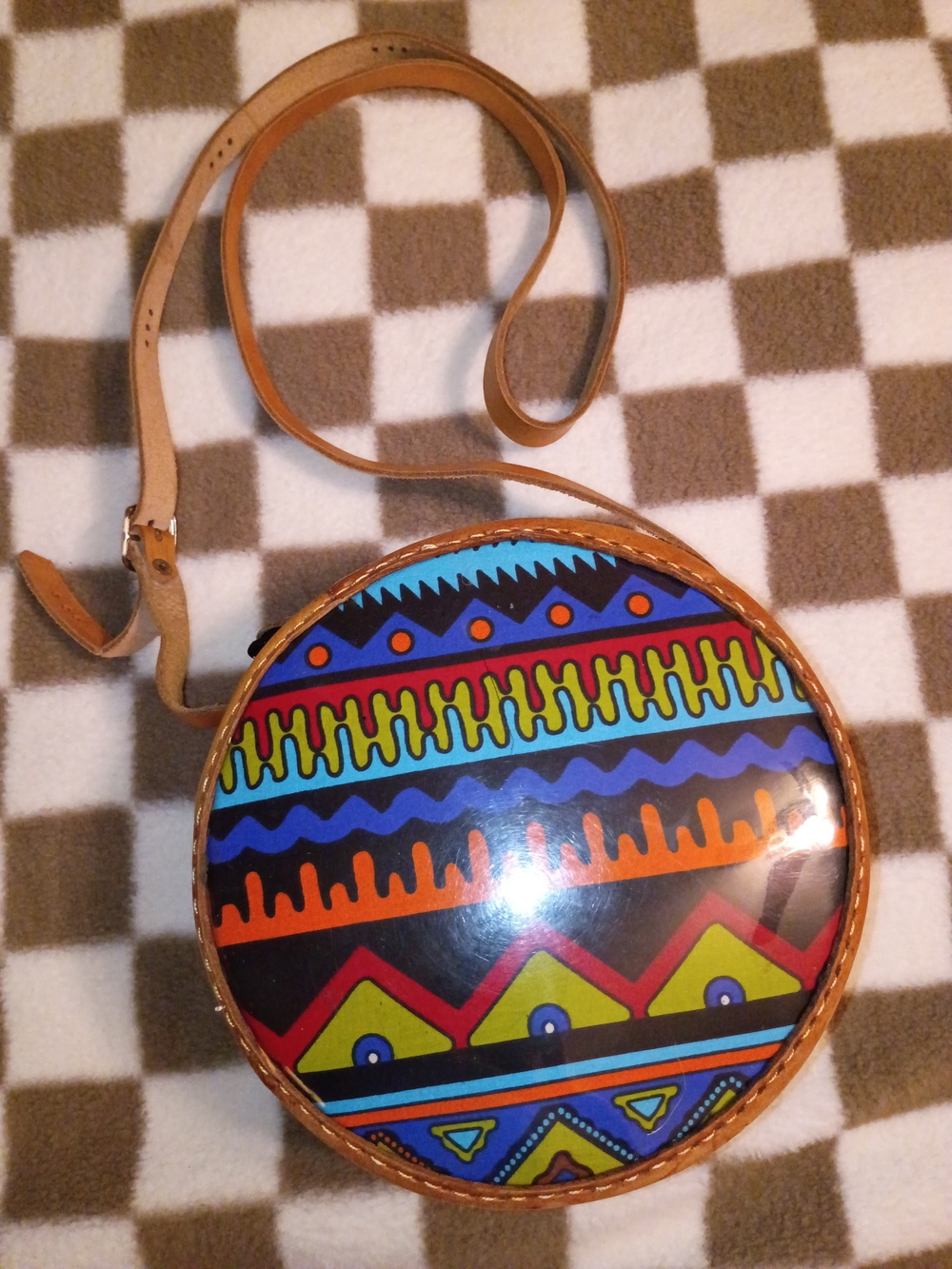 Amazon Multicolor Aztec Round Crossbody Bag with Tan Strap